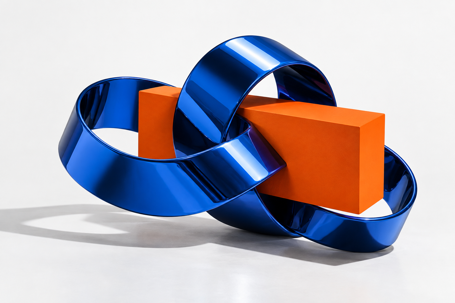 A polished cobalt ribbon knotted around a vivid orange block, an original conceptual material study.